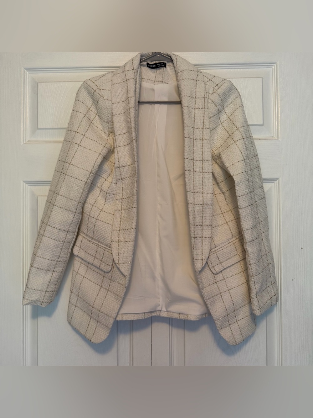 NEVER WORN Windowpane Shawl Collar Blazer Jacket in Ivory
